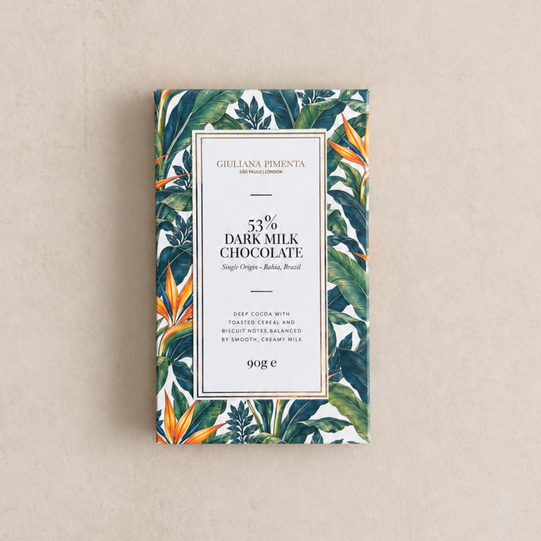 53% dark milk chocolate bar from Bahia, wrapped in a tropical leaf and bird of paradise print