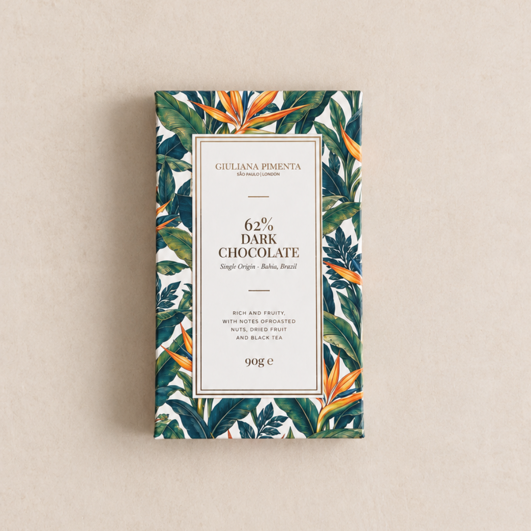62% dark chocolate bar from Bahia, wrapped in a tropical leaf and bird of paradise print