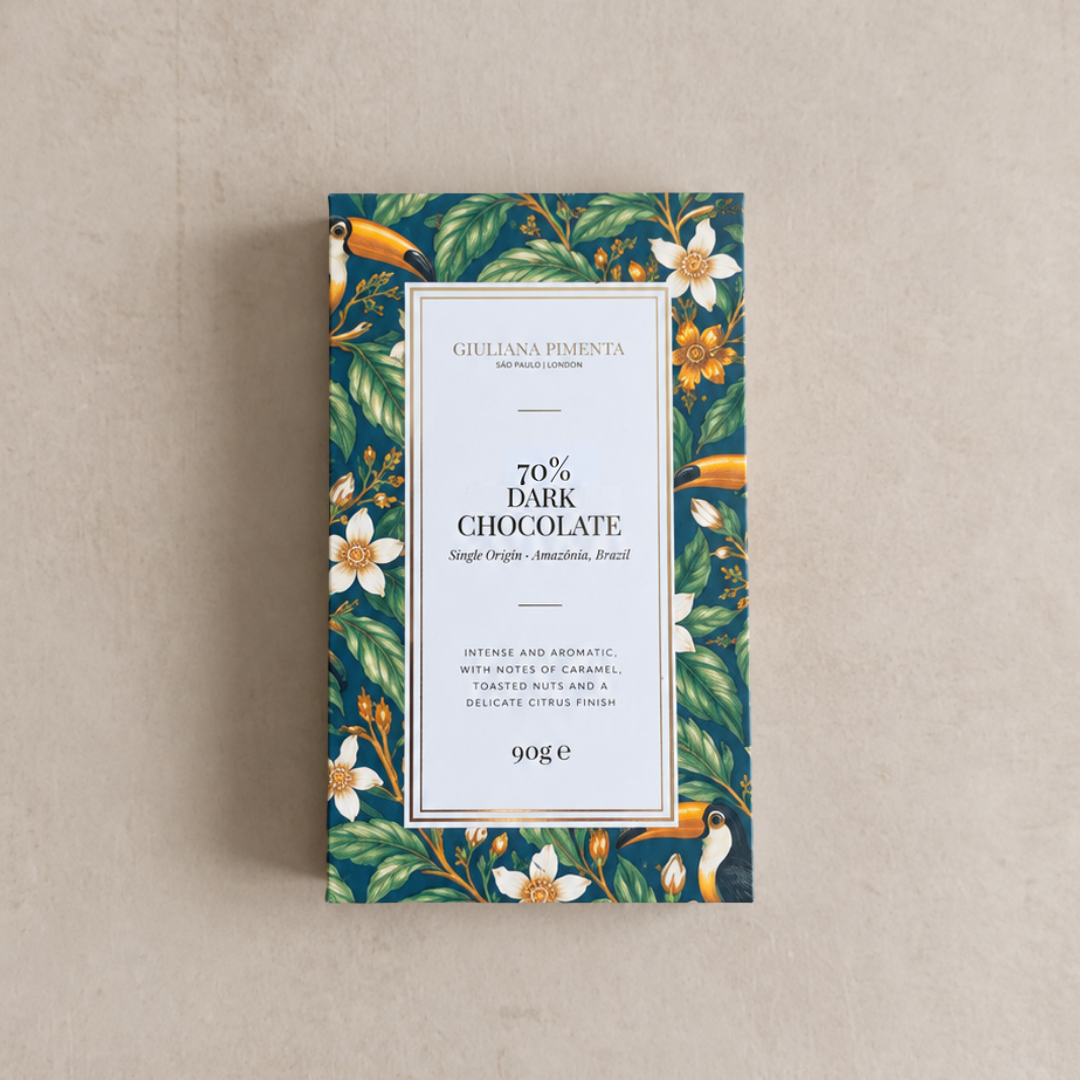70% dark chocolate bar from the Amazon, wrapped in a blue toucan and white flower print