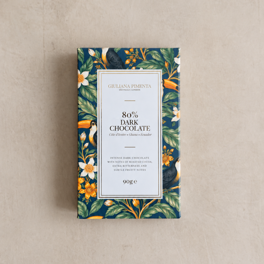 80% dark chocolate bar wrapped in a blue toucan and white flower print