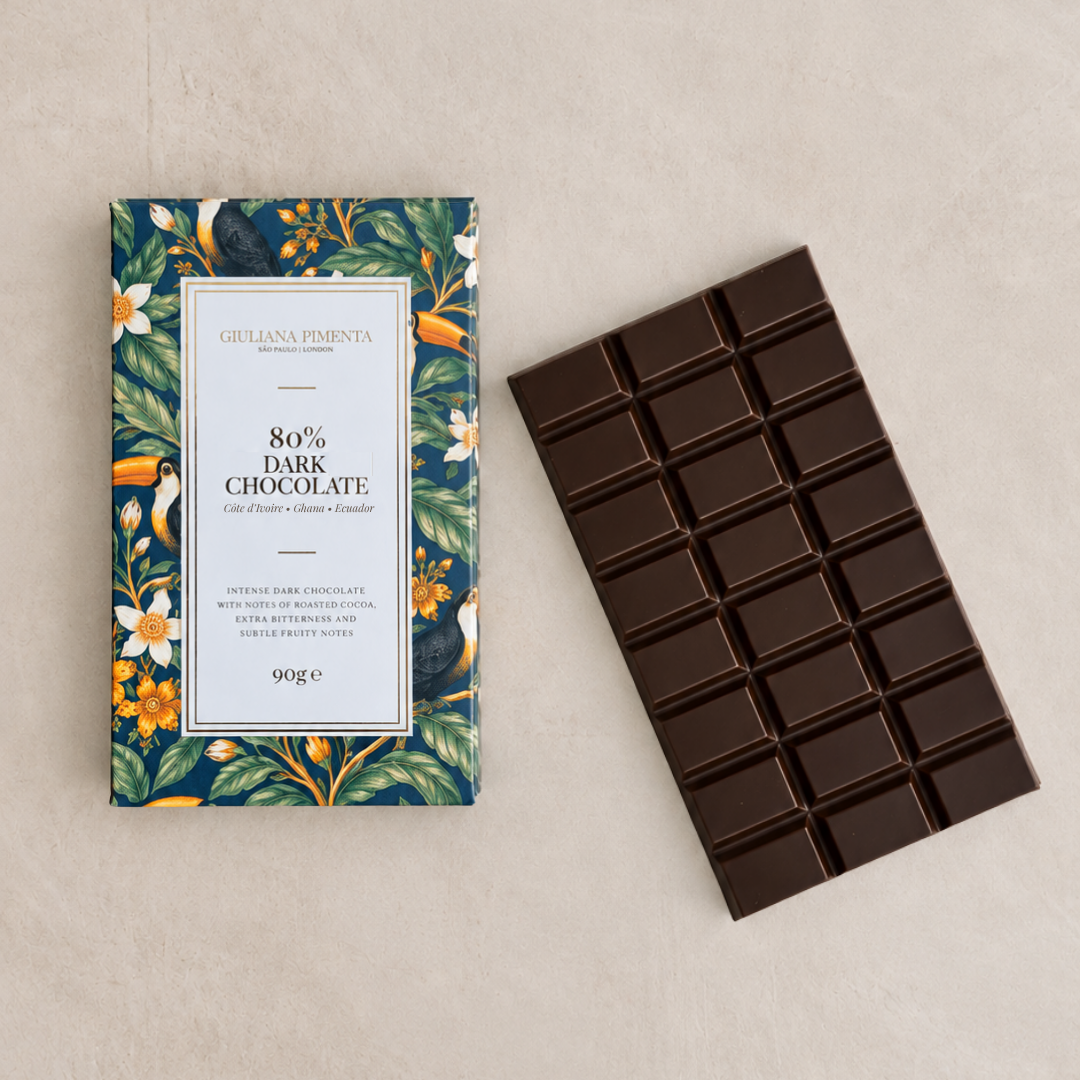 80% dark chocolate bar unwrapped beside its pack, 90g, handmade in London