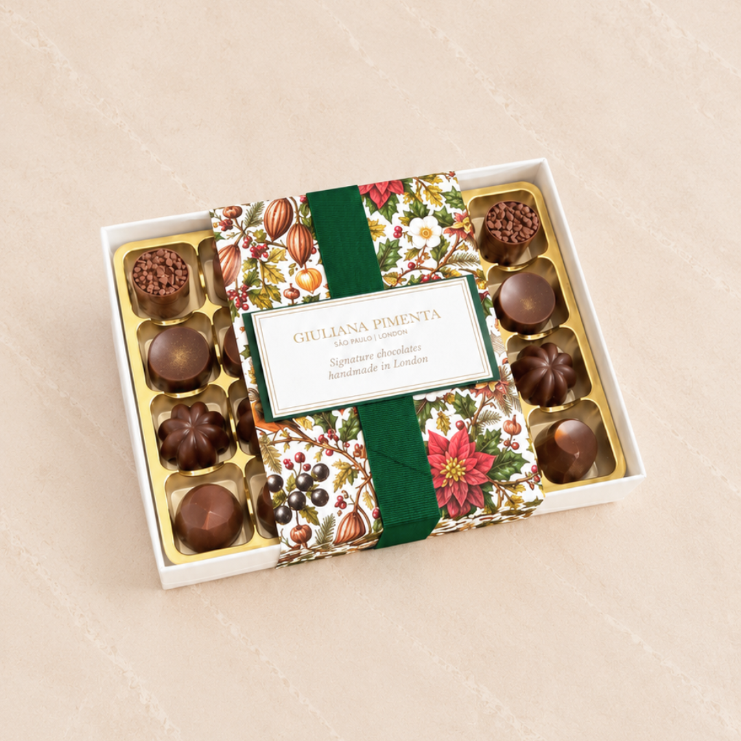 Orchard Selection chocolate box, a green Christmas Orchard gift box with assorted chocolates inside