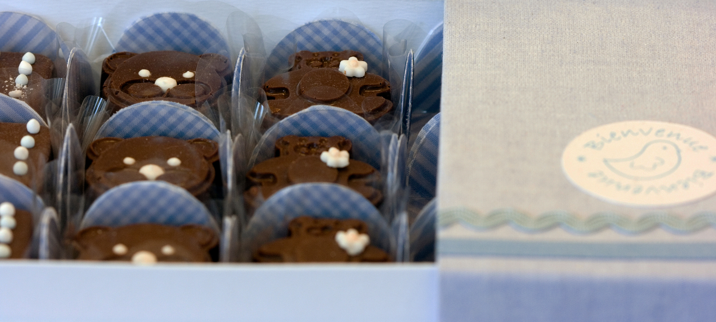 Open white gift box of individually wrapped chocolates for a new baby, with teddy bear shaped chocolates and round discs printed in blue gingham, beside a linen card with a bird illustration and pale blue trim